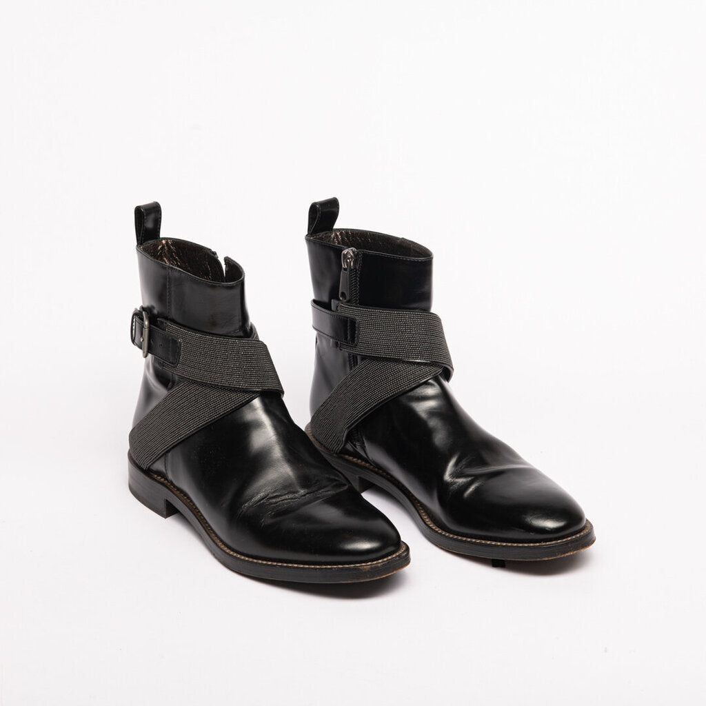 Brunello Cucinelli Black Leather Jeweled Strap Booties (37.5)