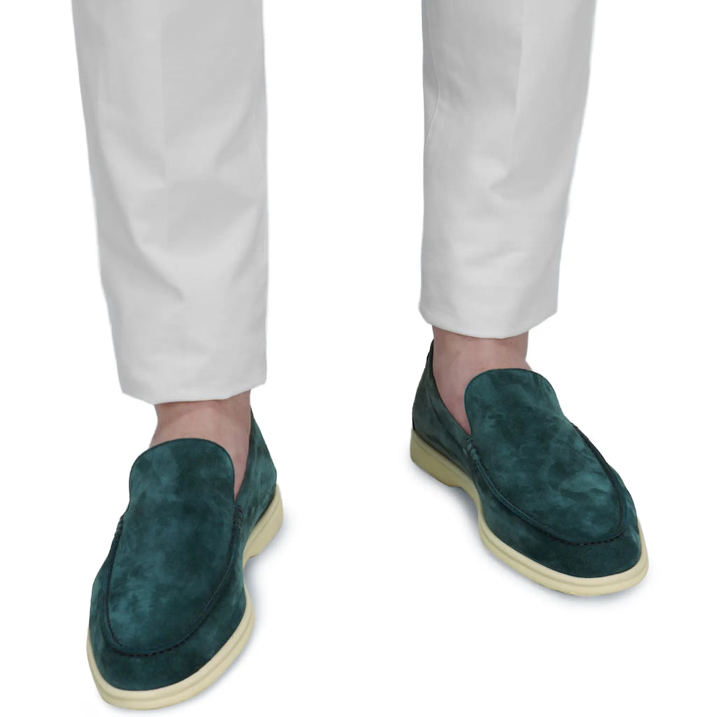 Loro Piana Summer Walk Suede Petrol Green Loafers